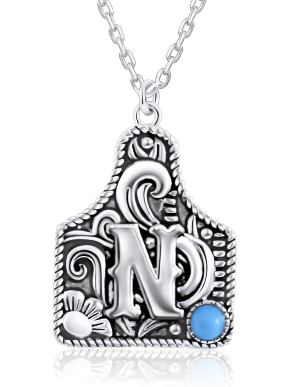 925 Sterling Silver Initial Necklace with Genuine Turquoise & Cow Tag Charm